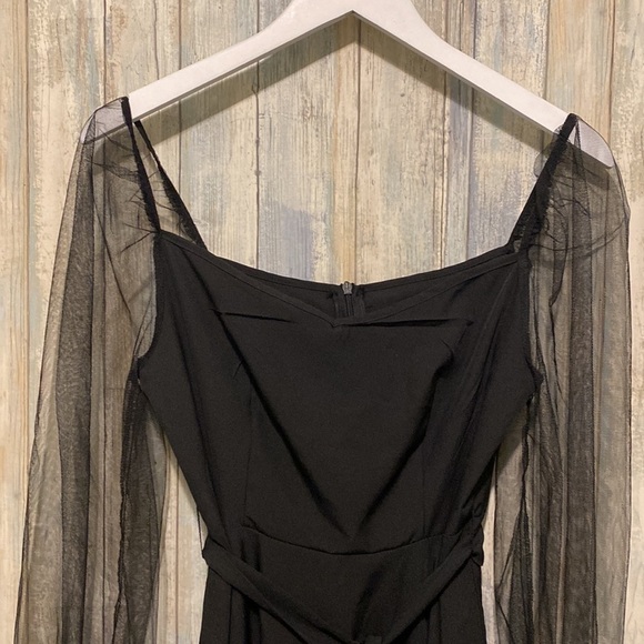 Shein Black Belted Dress With Mesh Puff Sleeves | Size 4 - Picture 2 of 9